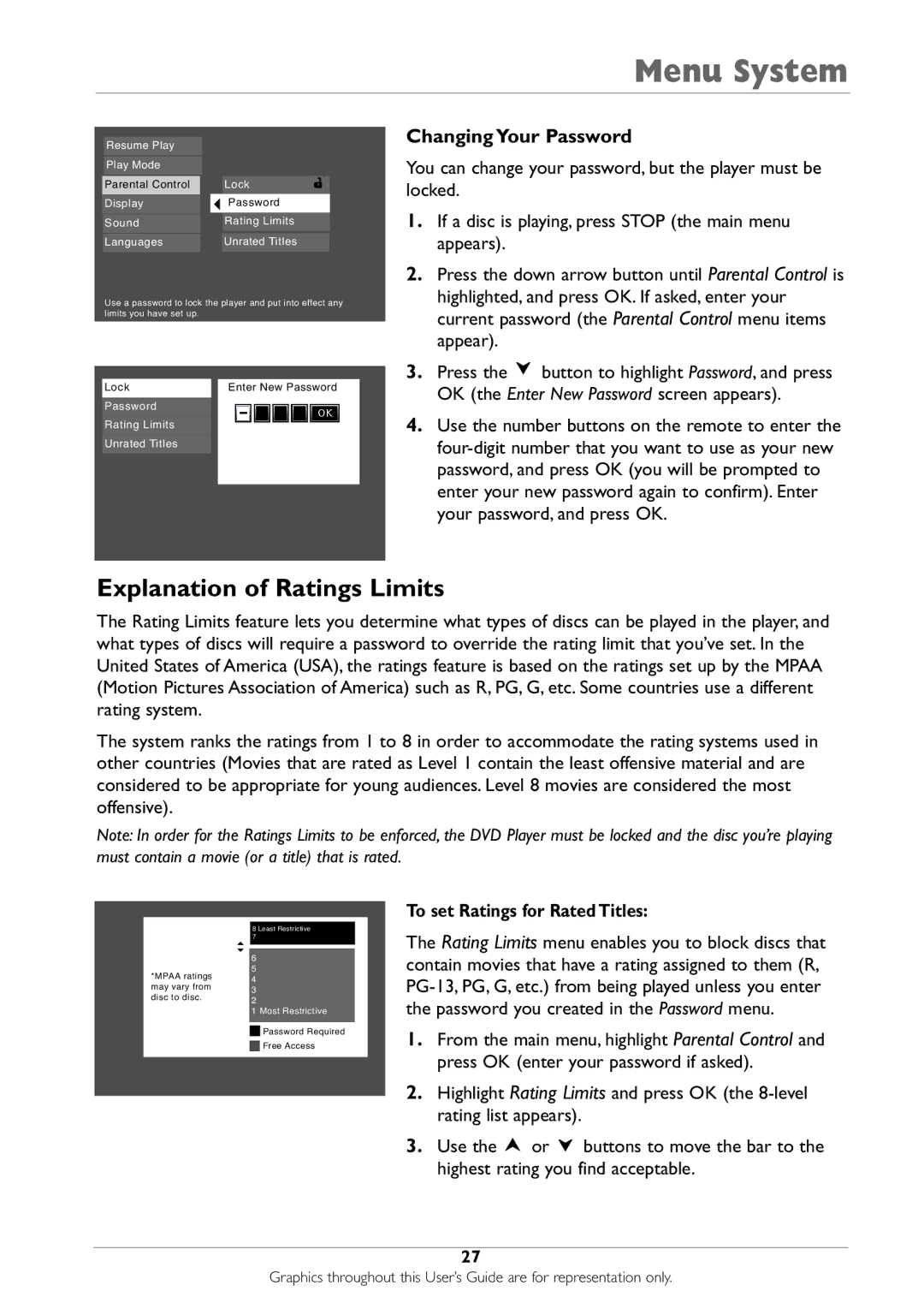 RCA DRC233N manual Explanation of Ratings Limits, Changing Your Password, To set Ratings for Rated Titles 