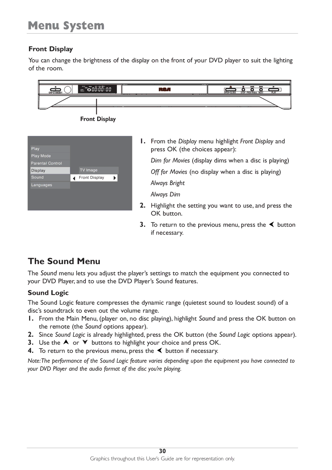 RCA DRC233N manual Sound Menu, Front Display, Sound Logic 