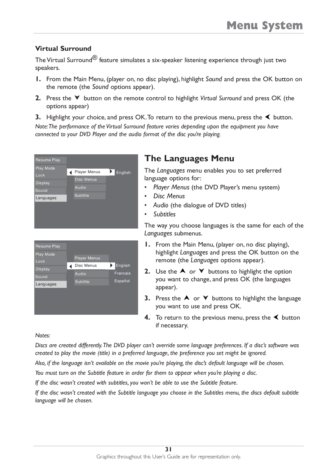 RCA DRC233N manual Languages Menu, Virtual Surround 