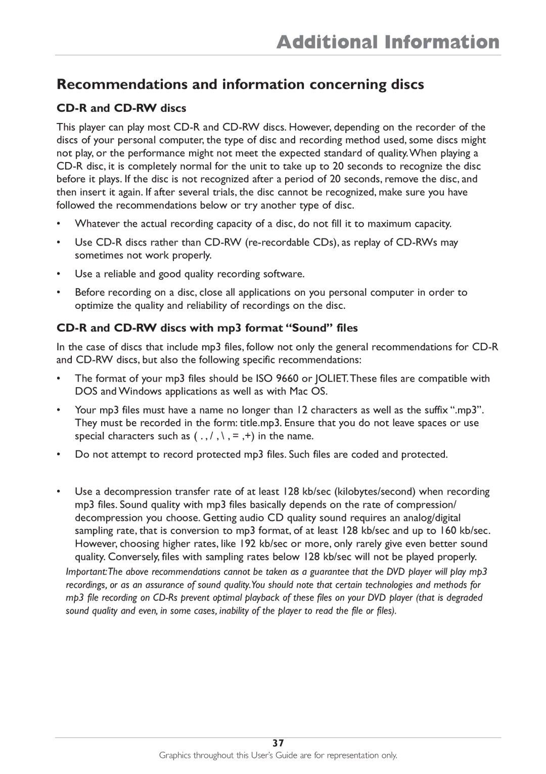 RCA DRC233N manual Recommendations and information concerning discs, CD-R and CD-RW discs 