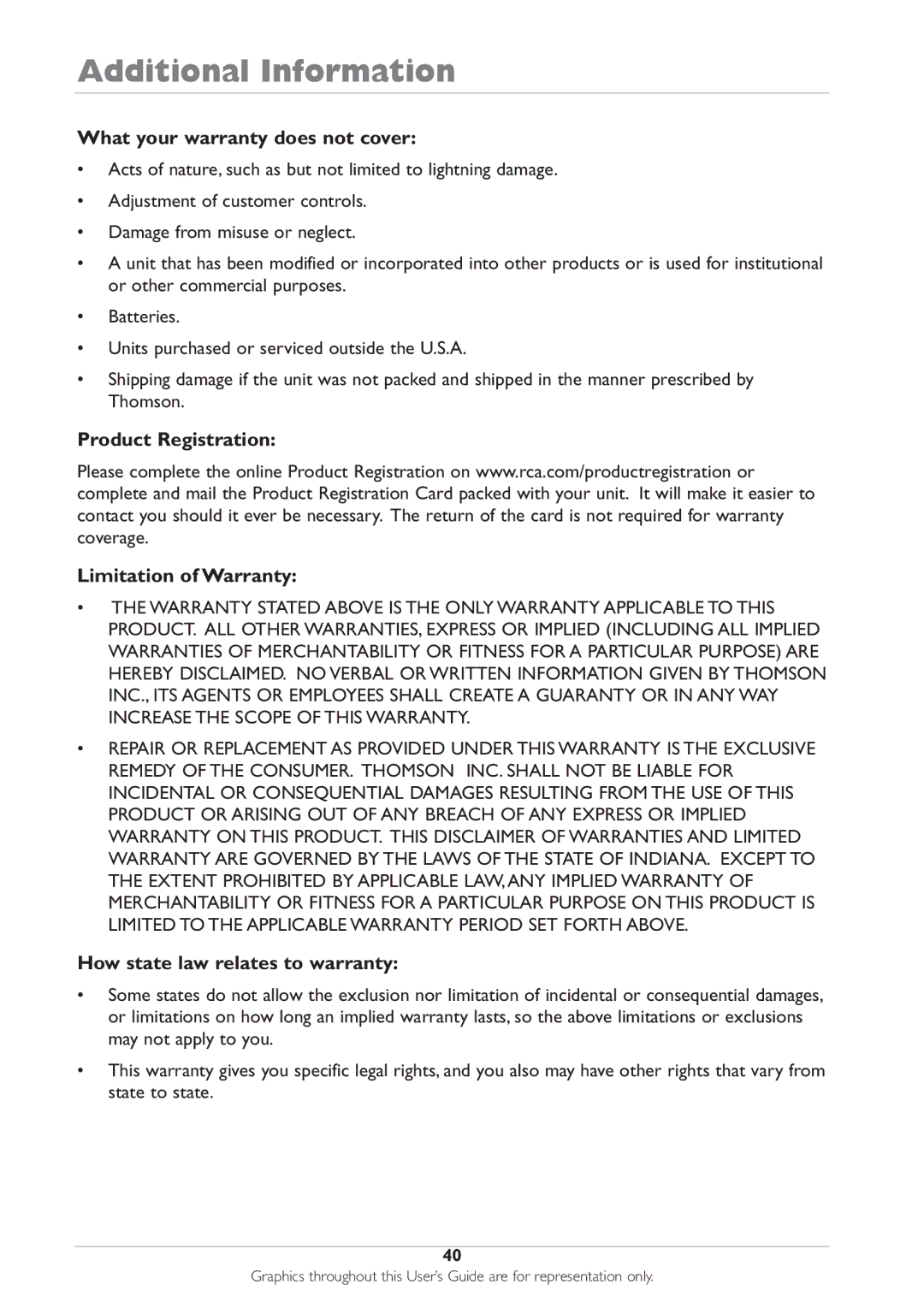 RCA DRC233N manual What your warranty does not cover, Product Registration Limitation of Warranty 