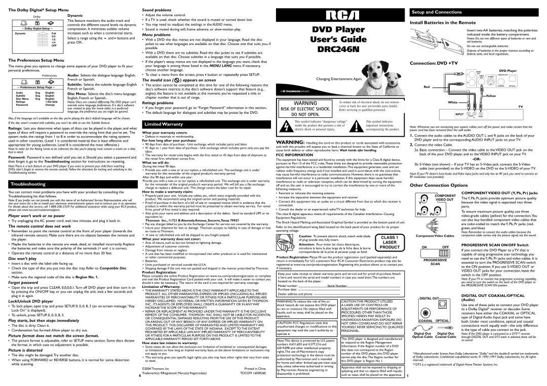 RCA DRC246N warranty Setup and Connections, Install Batteries in the Remote, Connection DVD +TV, Other Connection Options 