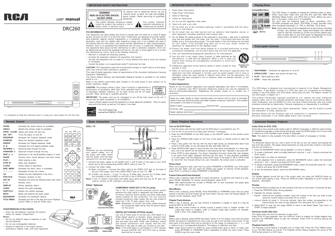 RCA DRC260 user manual Playing Discs, Front panel Controls, Remote Control, Basic Connection, Basic Playback Operations 