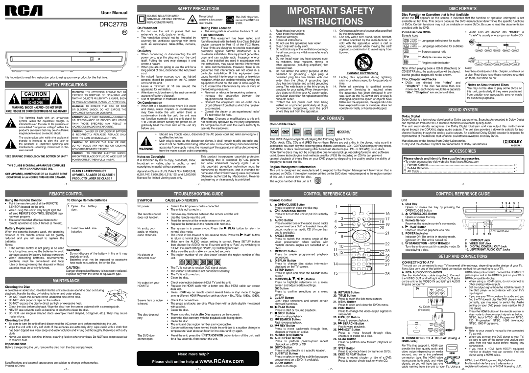 RCA DRC277B Disc Function or Operation that is Not Available, On Placement Rating Plate Location, On Safety, Audio Button 