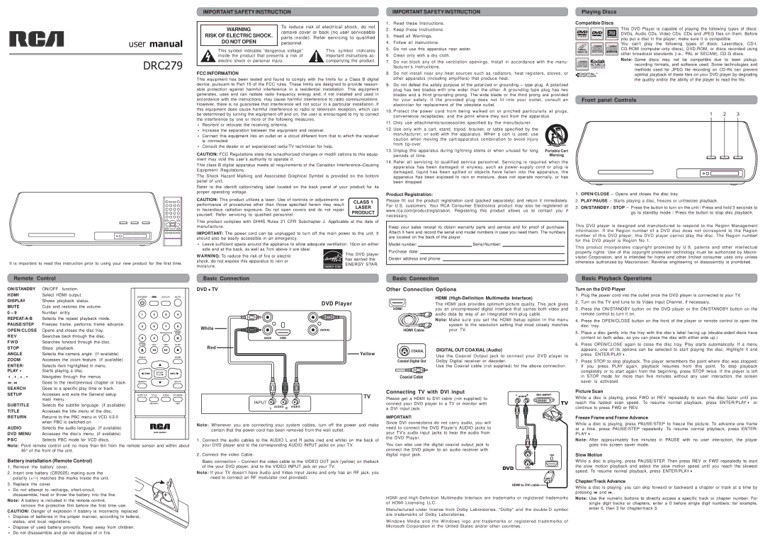 RCA DRC279 user manual Playing Discs, Front panel Controls, Remote Control, Basic Connection, Connecting TV with DVI input 