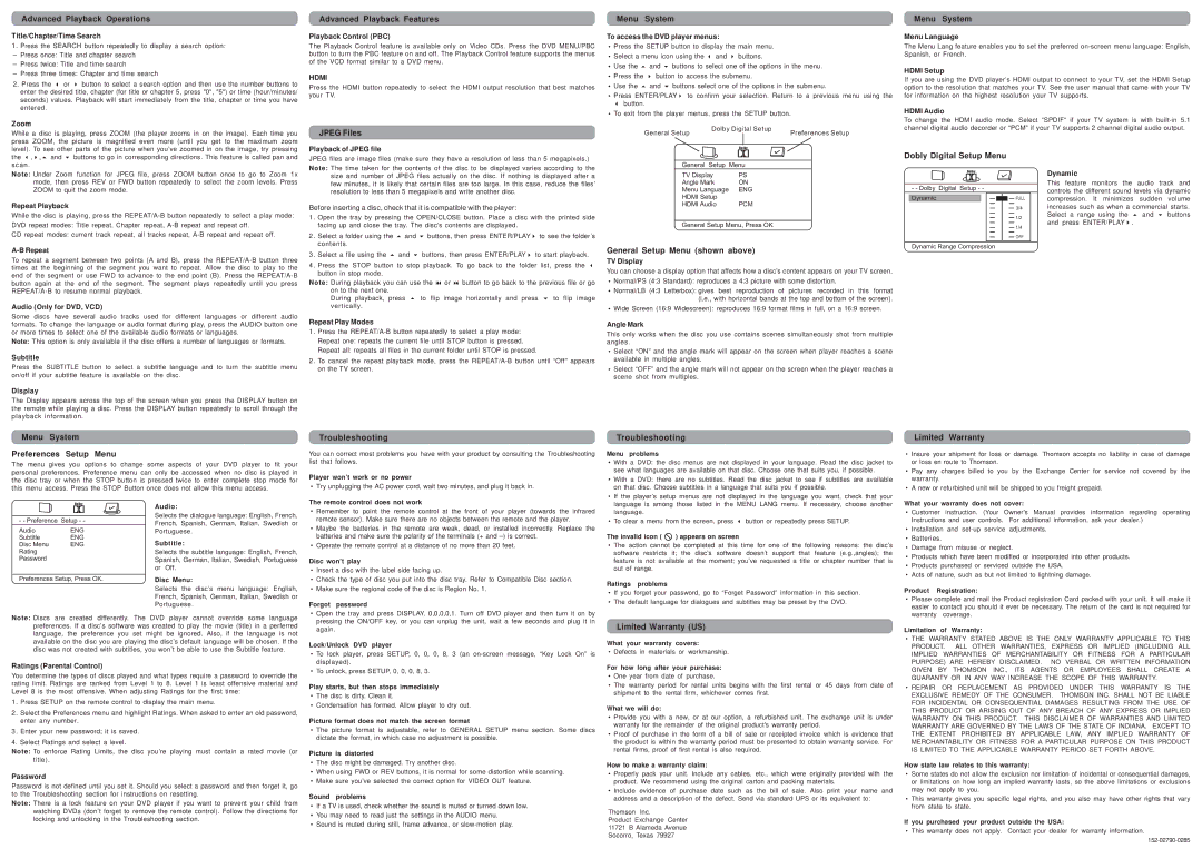 RCA DRC279 user manual Jpeg Files, General Setup Menu shown above, Dobly Digital Setup Menu, Menu System Troubleshooting 