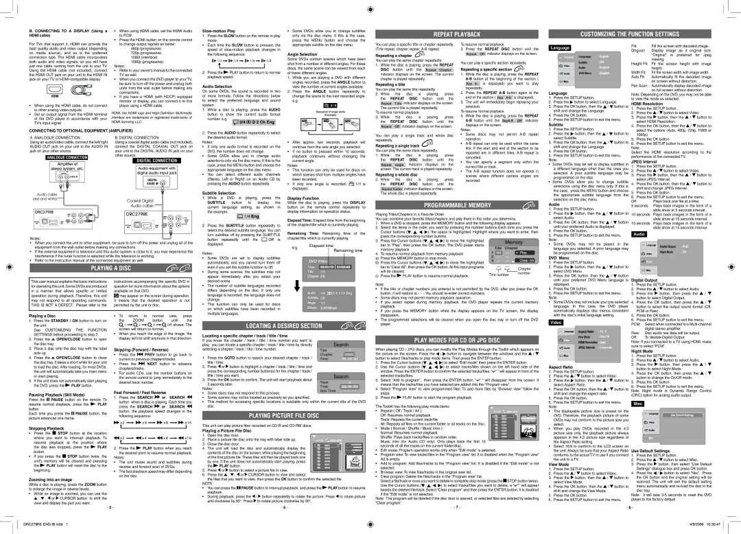 RCA DRC279RE manual Connecting to a Display Using a Hdmi cable, Slow-motion Play, Audio Selection, Angle Selection, Repeat 