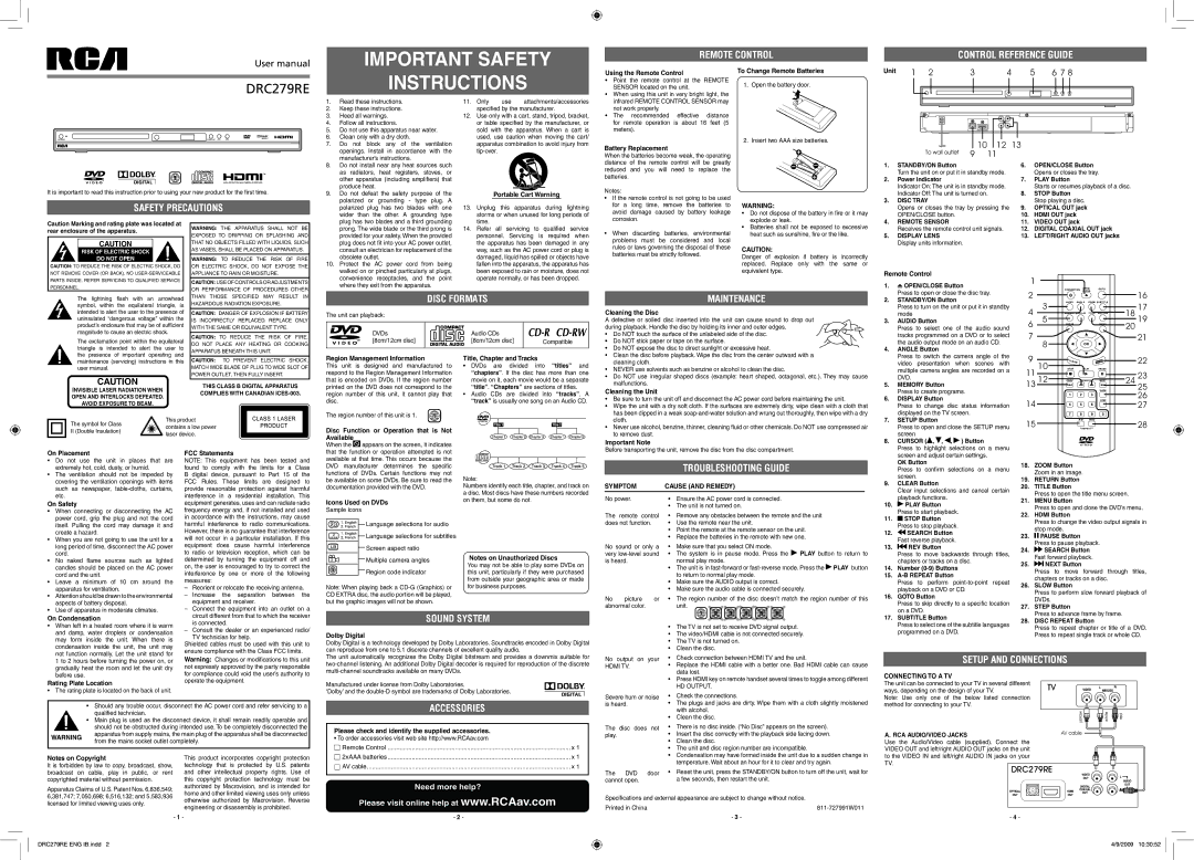 RCA DRC279RE manual Using the Remote Control, To Change Remote Batteries, Unit, Portable Cart Warning, Battery Replacement 