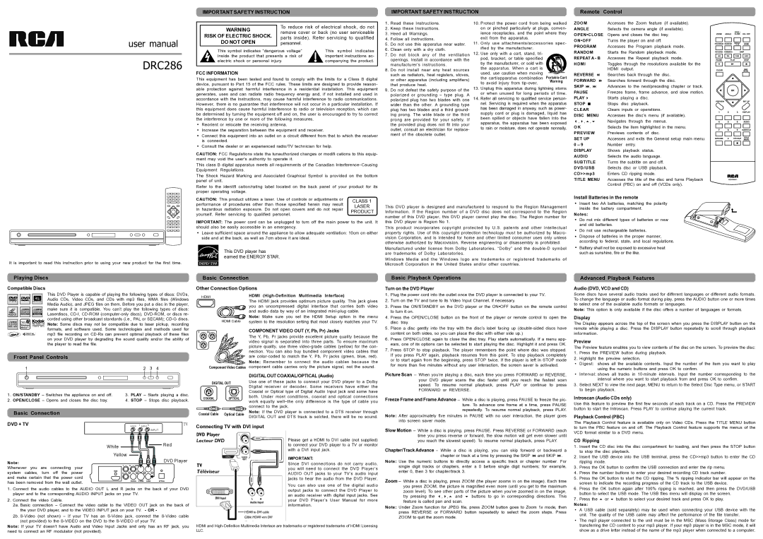 RCA DRC286 user manual Remote Control, Playing Discs, Basic Connection, Basic Playback Operations, Front Panel Controls 