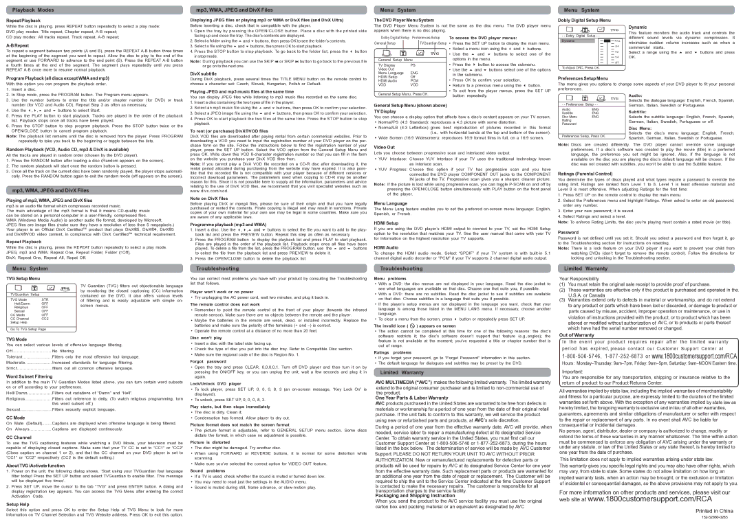 RCA DRC286 user manual Playback Modes, Mp3, WMA, Jpeg and DivX Files, Menu System, Troubleshooting, Limited Warranty 