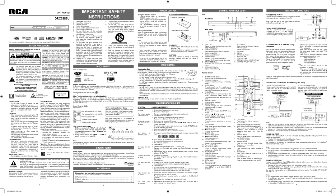 RCA DRC288SU important safety instructions Connecting to a TV, RCA AUDIO/VIDEO Jacks, Symptom Cause and Remedy 