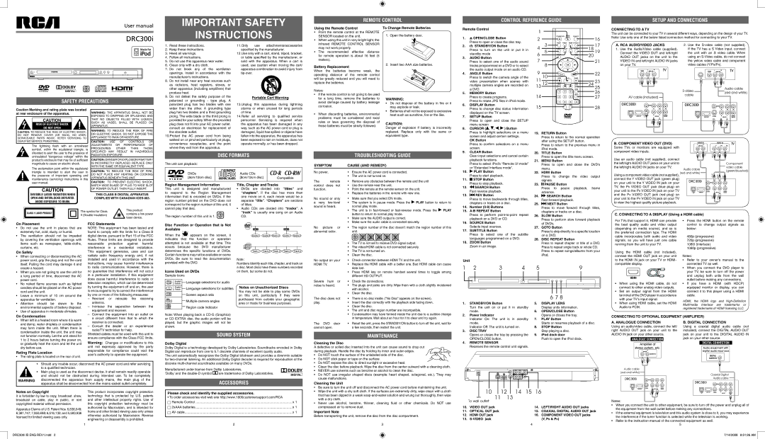 RCA DRC300i Connecting to a TV, RCA AUDIO/VIDEO Jacks, Symptom Cause and Remedy, Display Lens, Disc Tray, Remote Sensor 