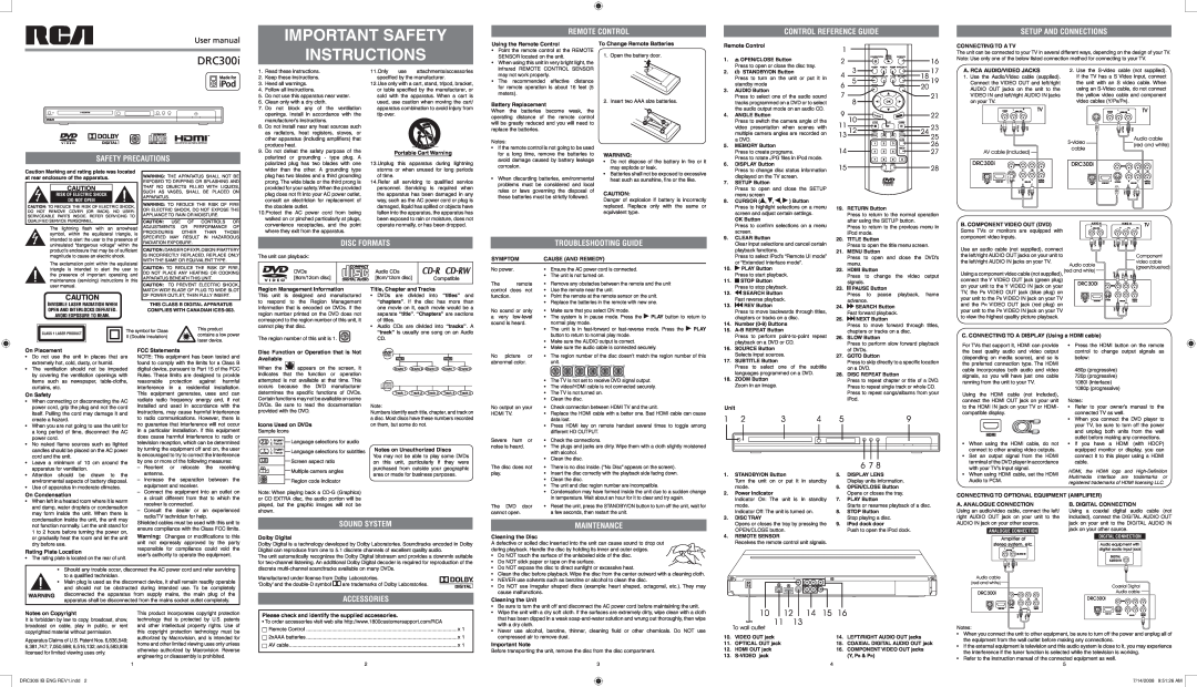 RCA DRC300i remote control, control reference guide, SETUP and connections, Safety Precautions, Disc Formats, sound system 