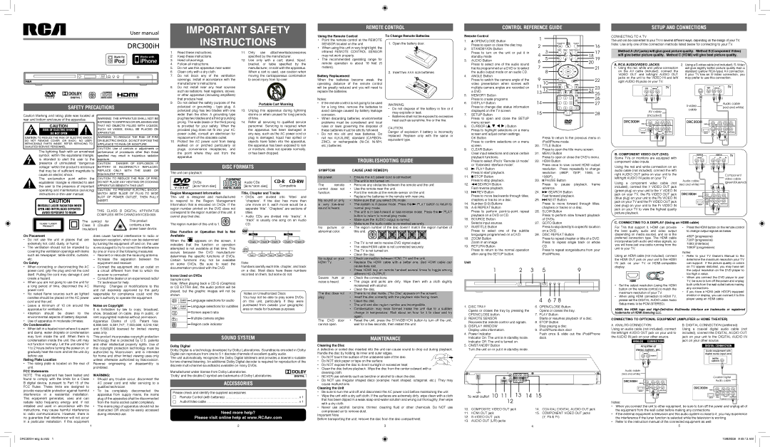 RCA DRC300iH important safety instructions Symptom Cause and Remedy 