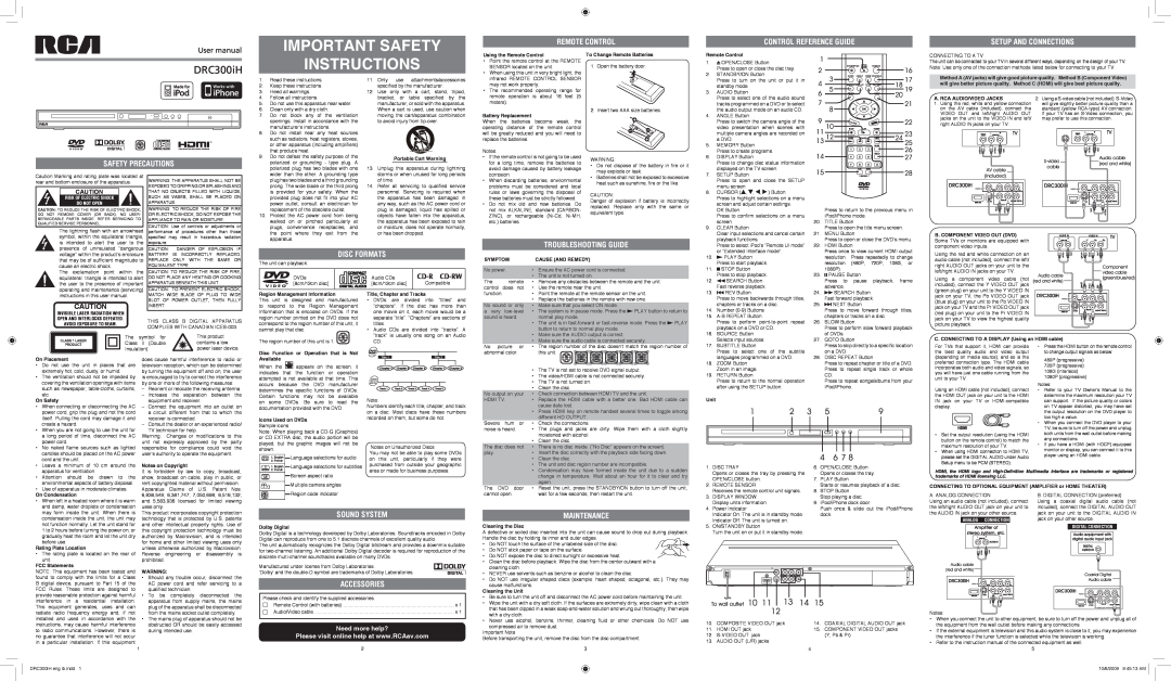 RCA DRC300iH important safety instructions remote control, control reference guide, SETUP and connections, Disc Formats 