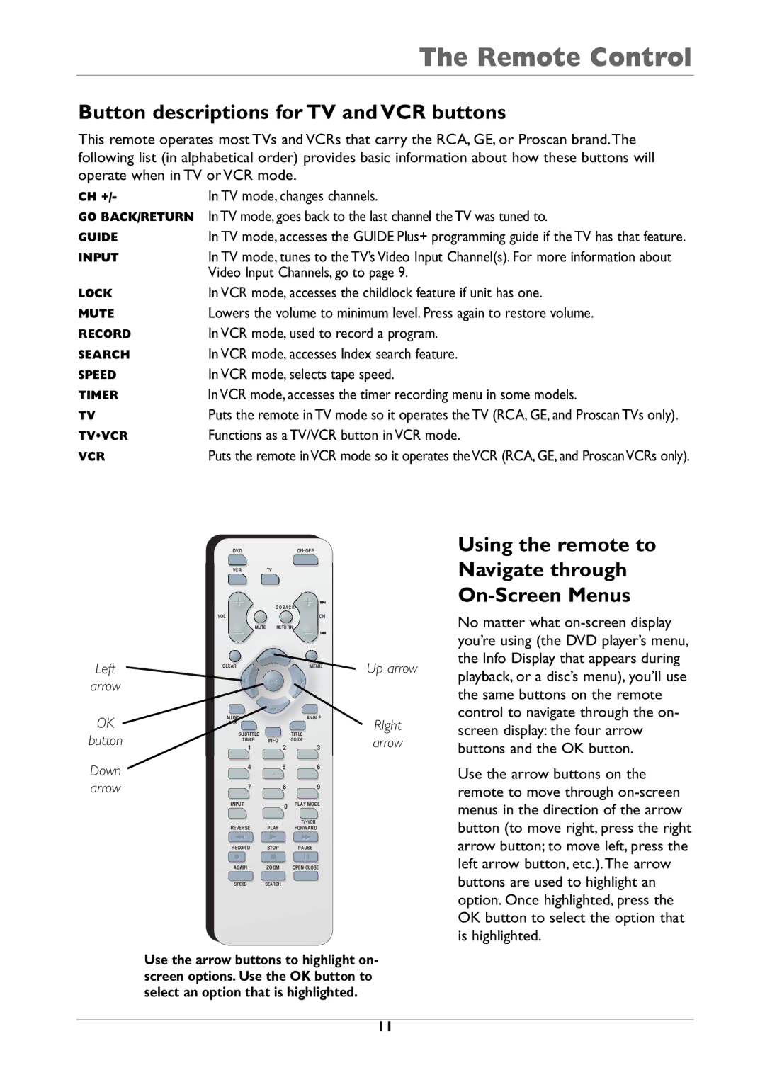 RCA DRC310N manual Button descriptions for TV and VCR buttons, Using the remote to Navigate through On-Screen Menus 