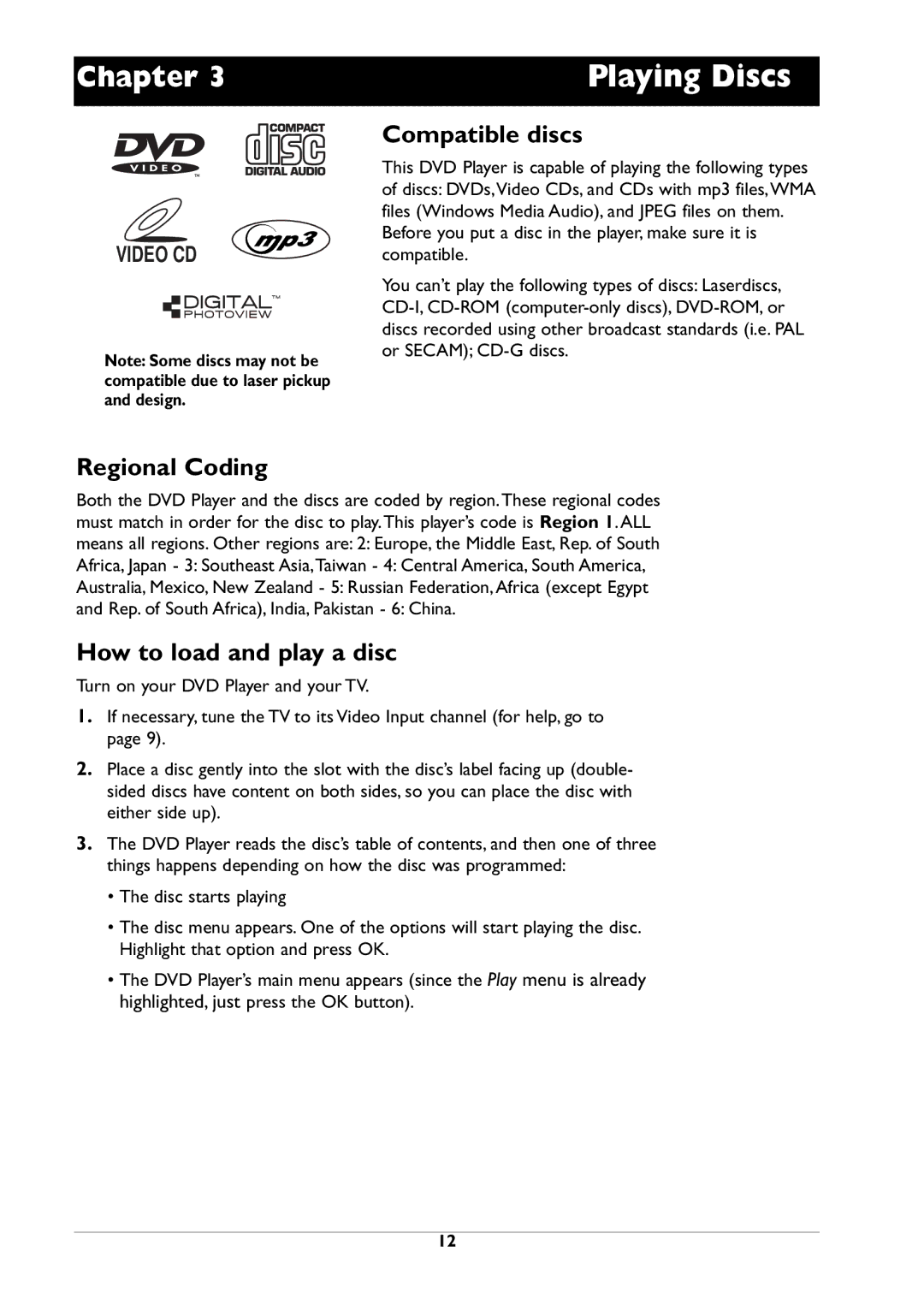 RCA DRC310N manual Playing Discs, Compatible discs, Regional Coding, How to load and play a disc 