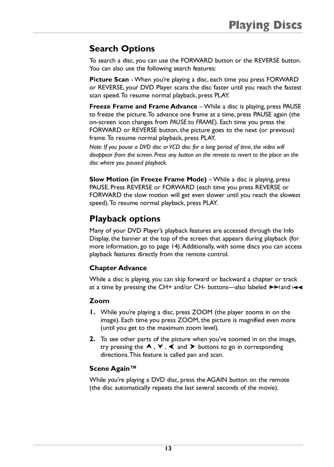 RCA DRC310N manual Search Options, Playback options, Chapter Advance, Zoom, Scene Again 