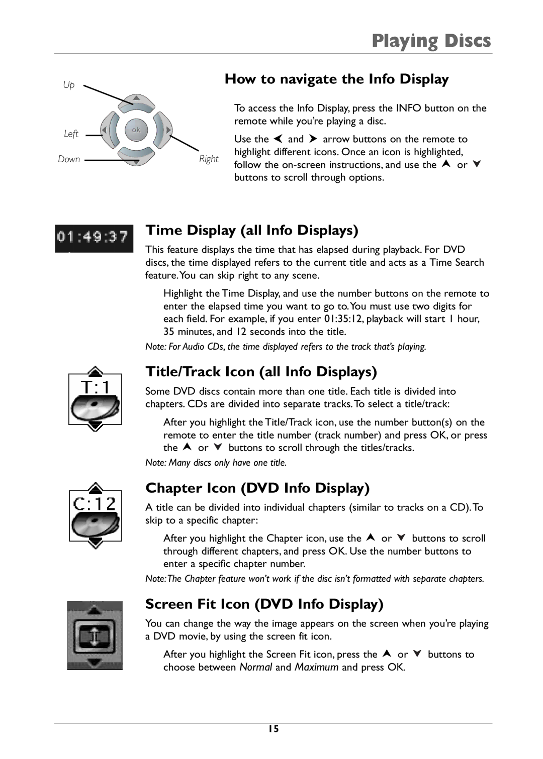 RCA DRC310N manual How to navigate the Info Display, Time Display all Info Displays, Title/Track Icon all Info Displays 