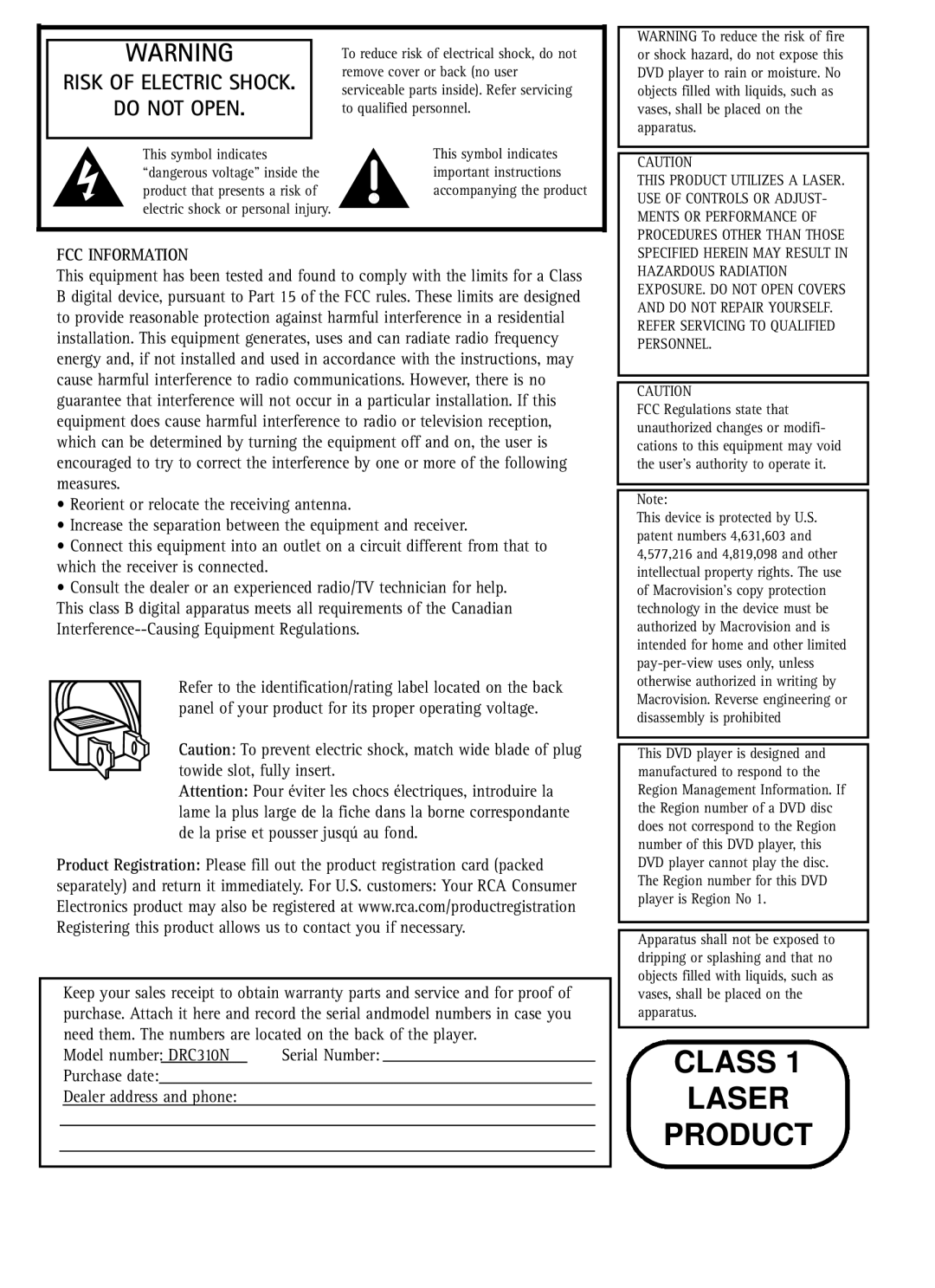 RCA DRC310N manual Class Laser Product 