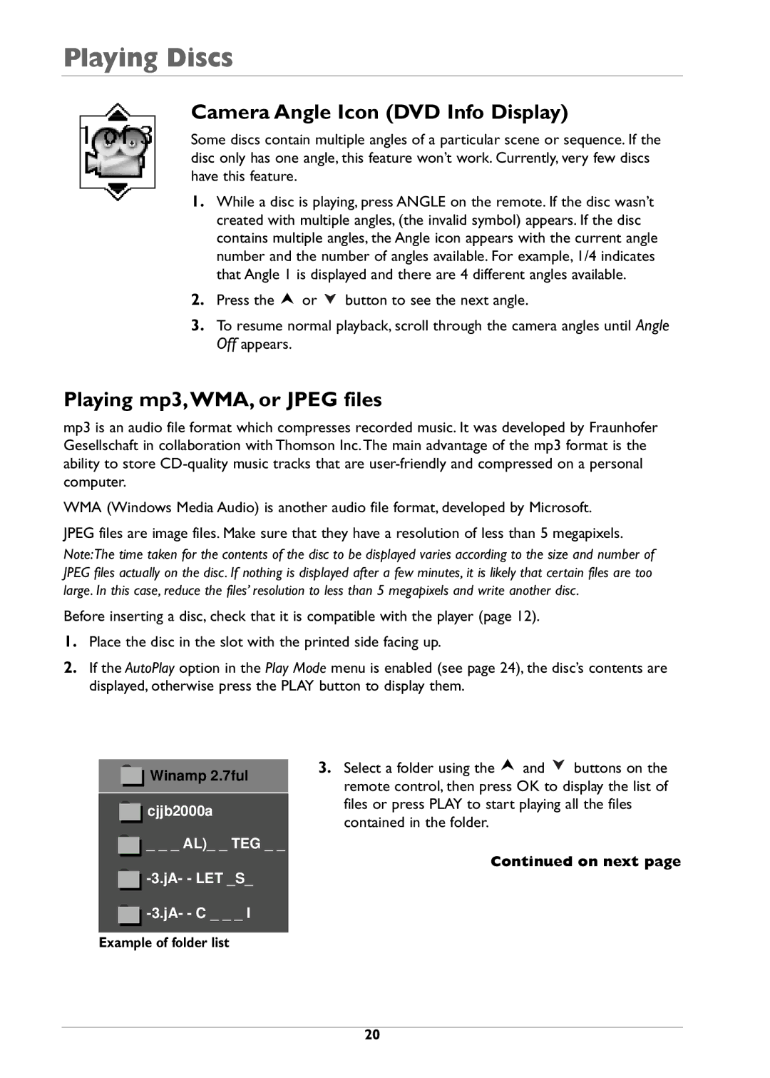 RCA DRC310N manual Camera Angle Icon DVD Info Display, Playing mp3,WMA, or Jpeg files, Example of folder list, On next 