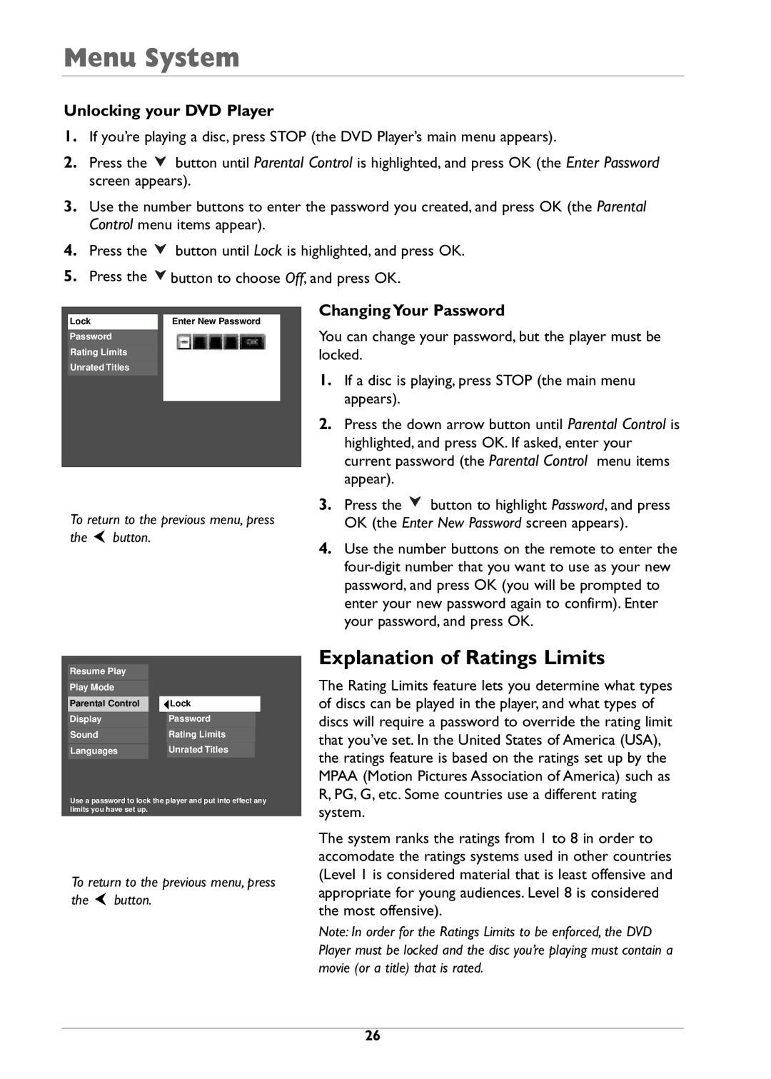 RCA DRC310N manual Explanation of Ratings Limits, Unlocking your DVD Player, Changing Your Password 