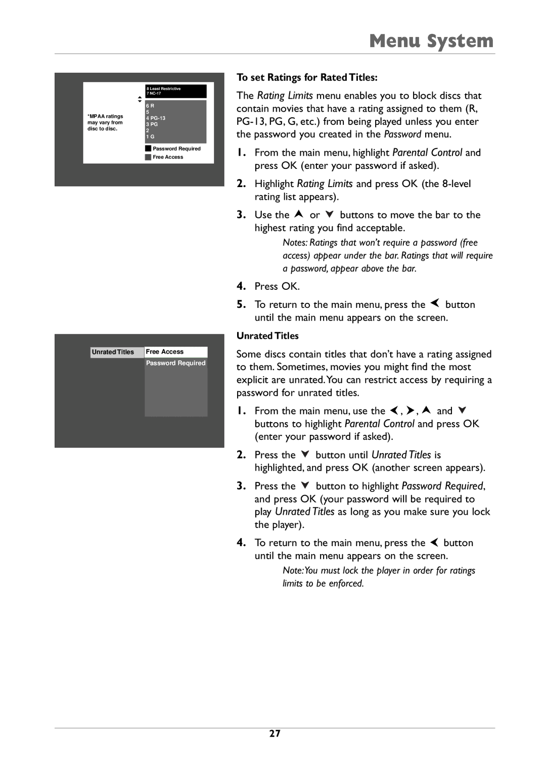 RCA DRC310N manual To set Ratings for Rated Titles, Unrated Titles 