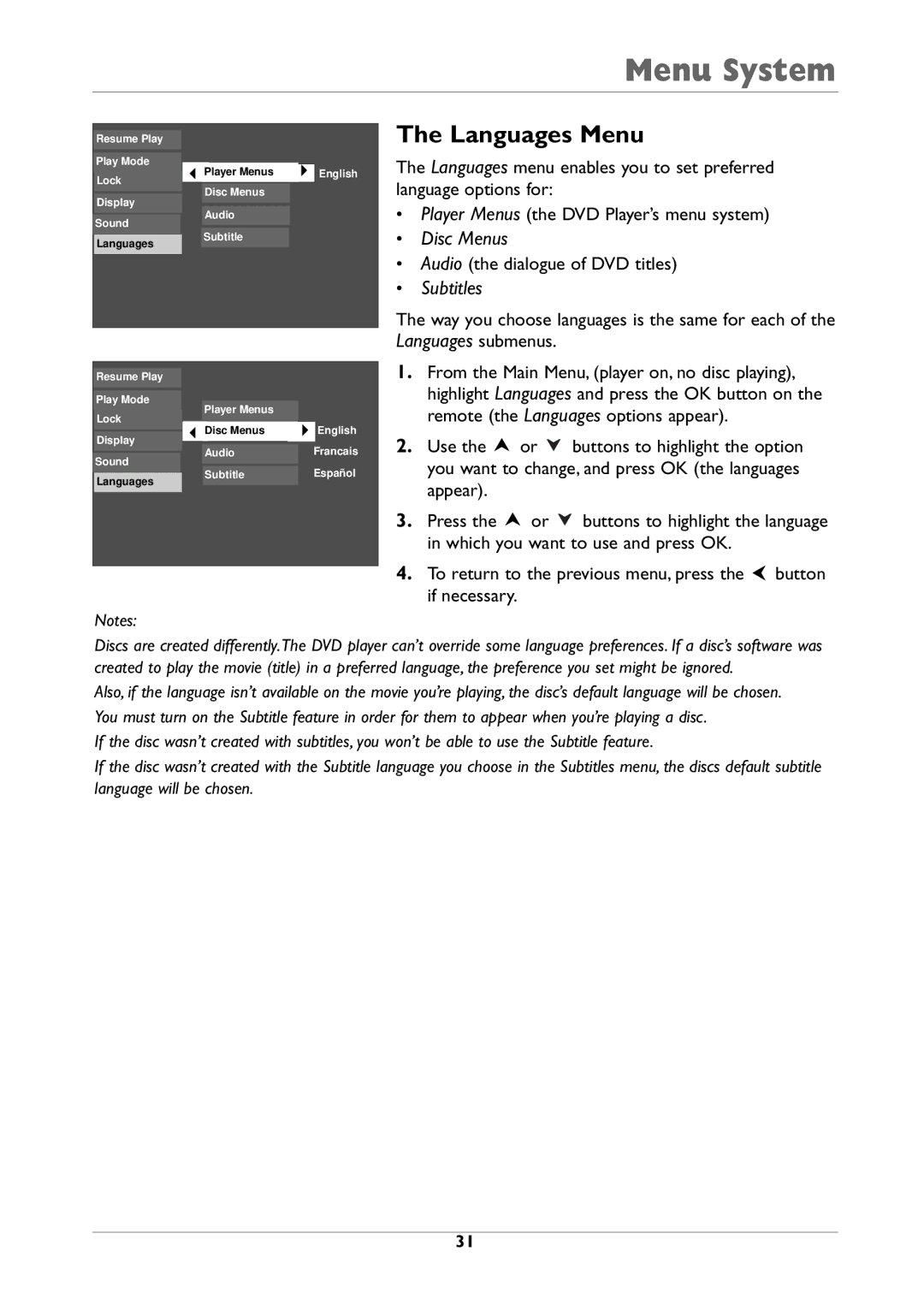 RCA DRC310N manual Languages Menu, Subtitles 