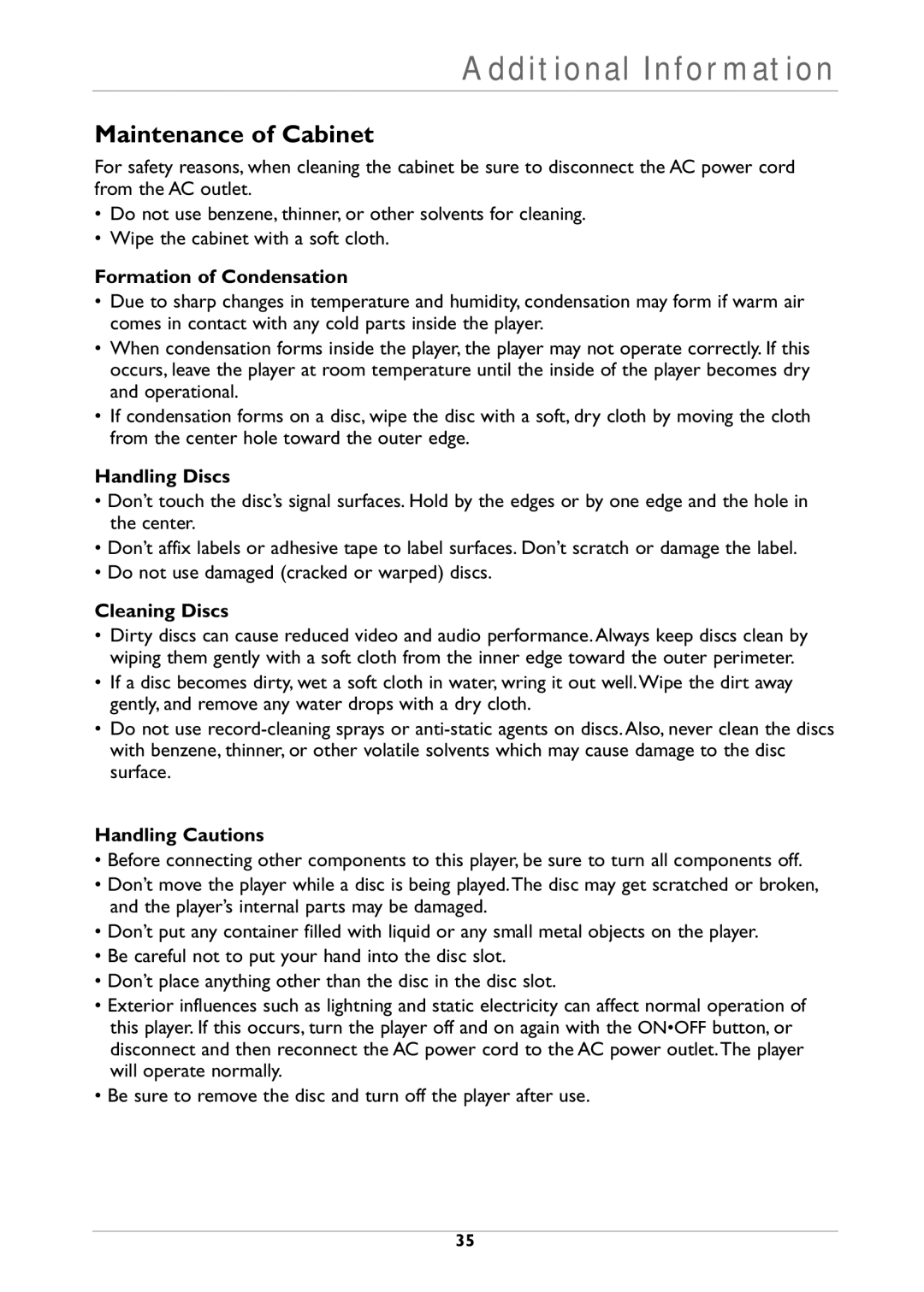 RCA DRC310N manual Maintenance of Cabinet, Formation of Condensation, Handling Discs, Cleaning Discs, Handling Cautions 