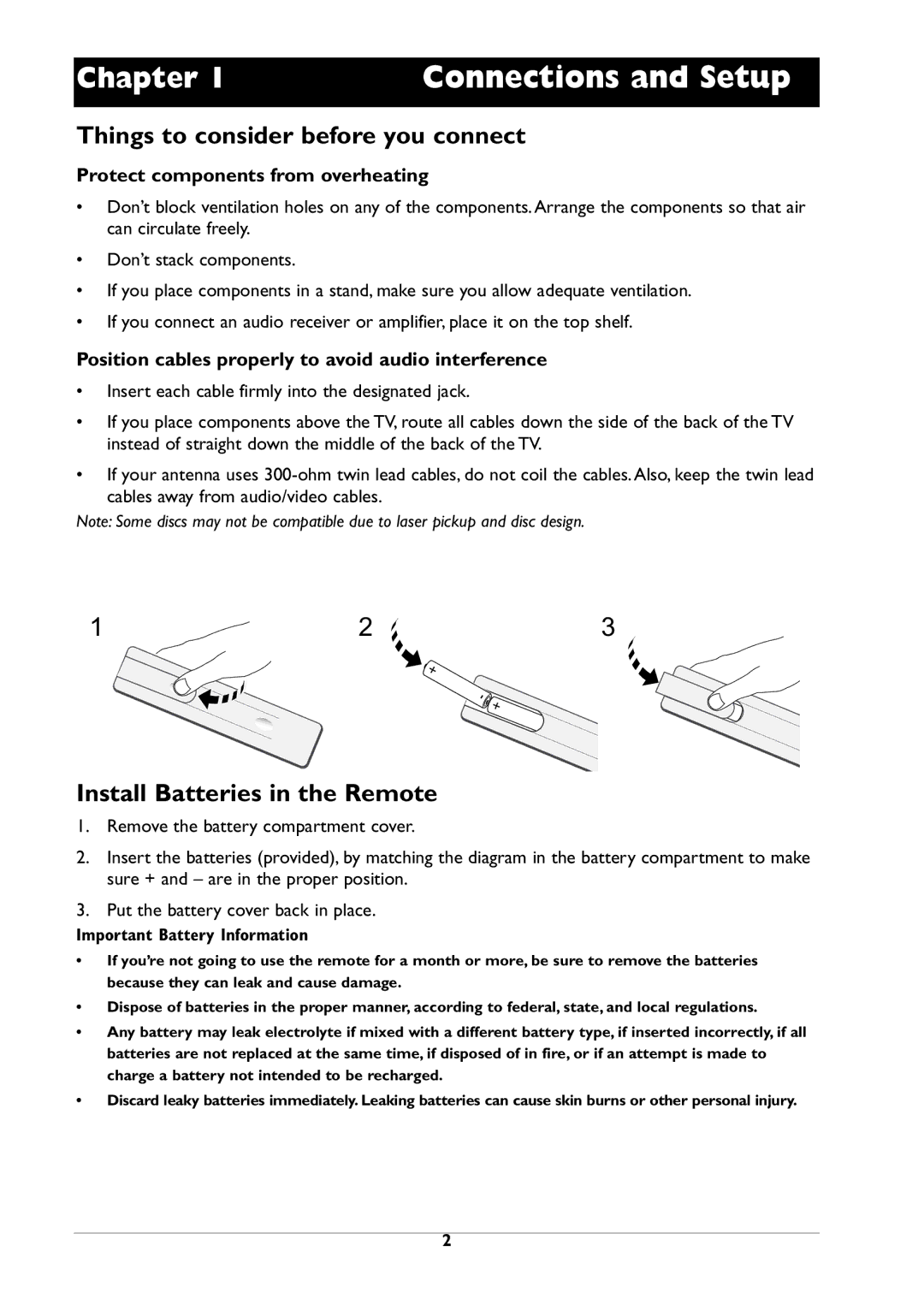 RCA DRC310N manual Connections and Setup, Things to consider before you connect, Install Batteries in the Remote 