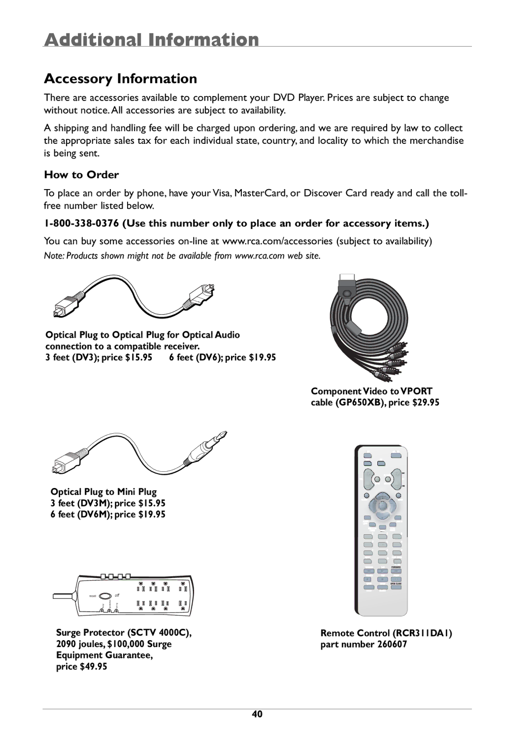 RCA DRC310N Accessory Information, How to Order, Use this number only to place an order for accessory items, Price $49.95 