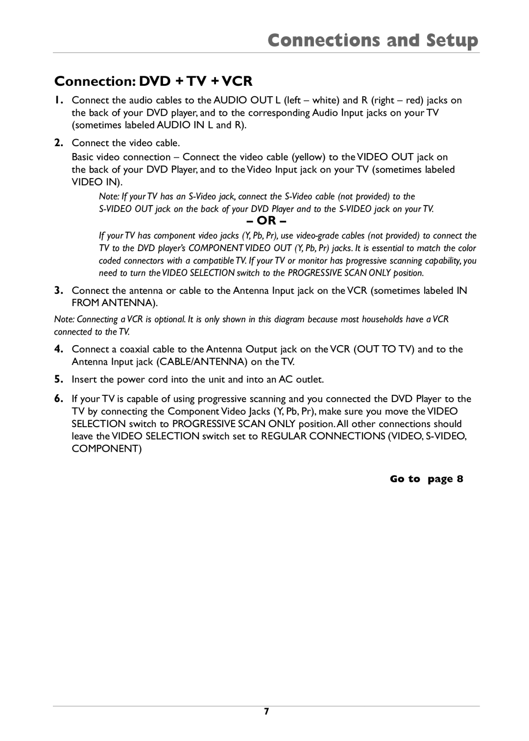 RCA DRC310N manual Connection DVD + TV + VCR, Go to 