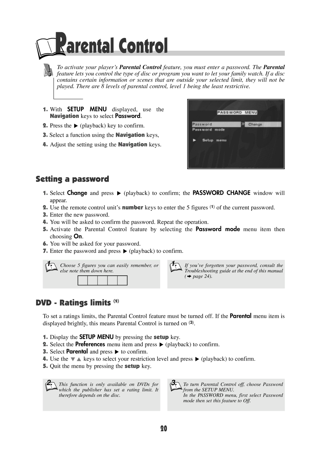 RCA DRC600N user manual Parental Control, Setting a password, DVD Ratings limits 