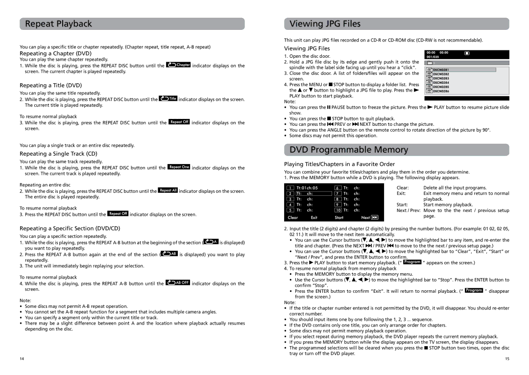 RCA DRC62708 user manual Repeat Playback, Viewing JPG Files, DVD Programmable Memory 