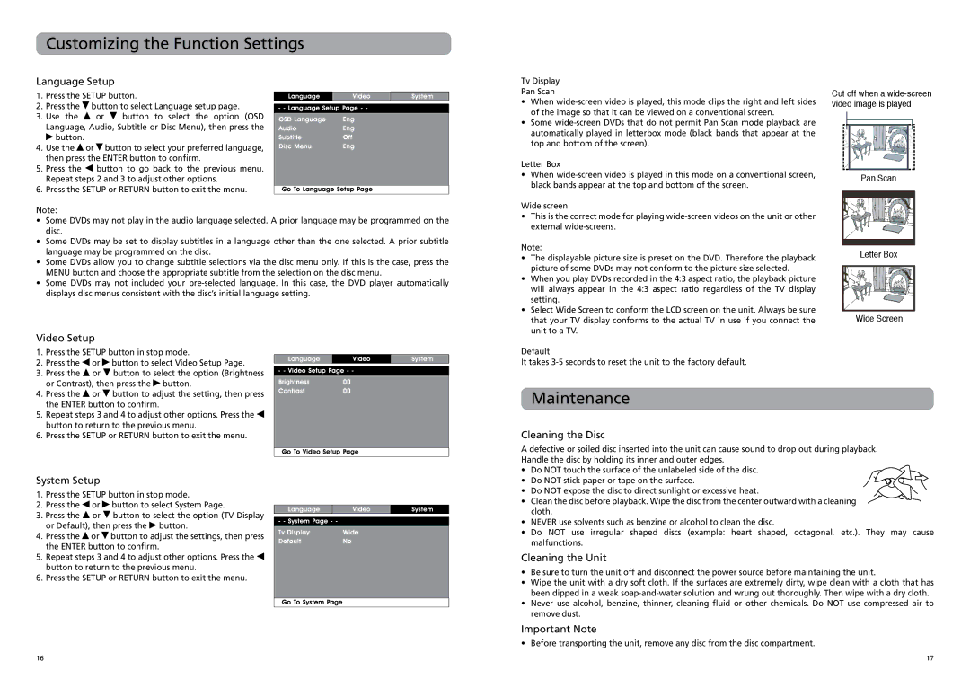 RCA DRC62708 user manual Customizing the Function Settings, Maintenance 