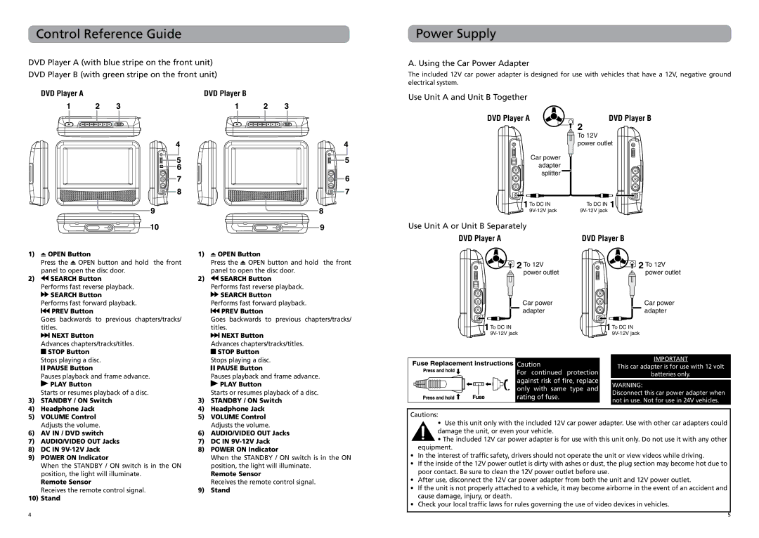 RCA DRC62708 Power Supply, Using the Car Power Adapter, Use Unit a and Unit B Together, Use Unit a or Unit B Separately 