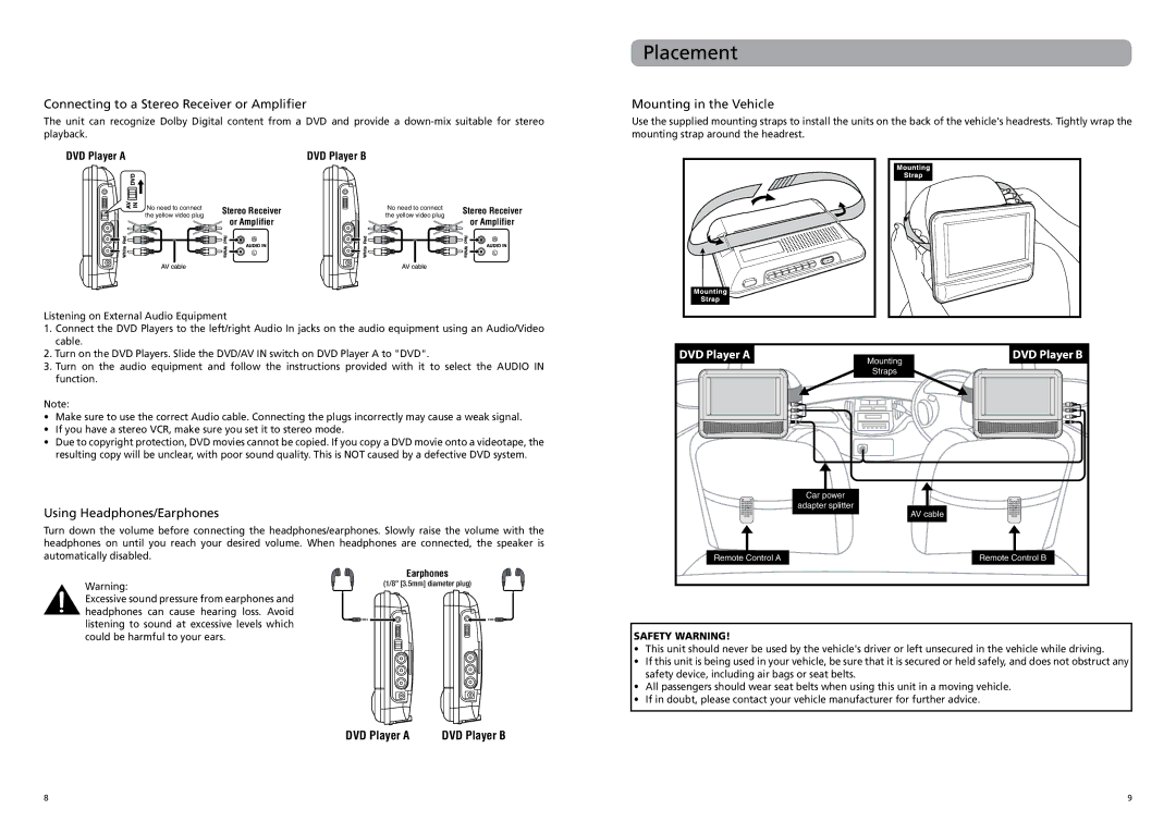 RCA DRC62708 Placement, Connecting to a Stereo Receiver or Amplifier, Using Headphones/Earphones, Mounting in the Vehicle 