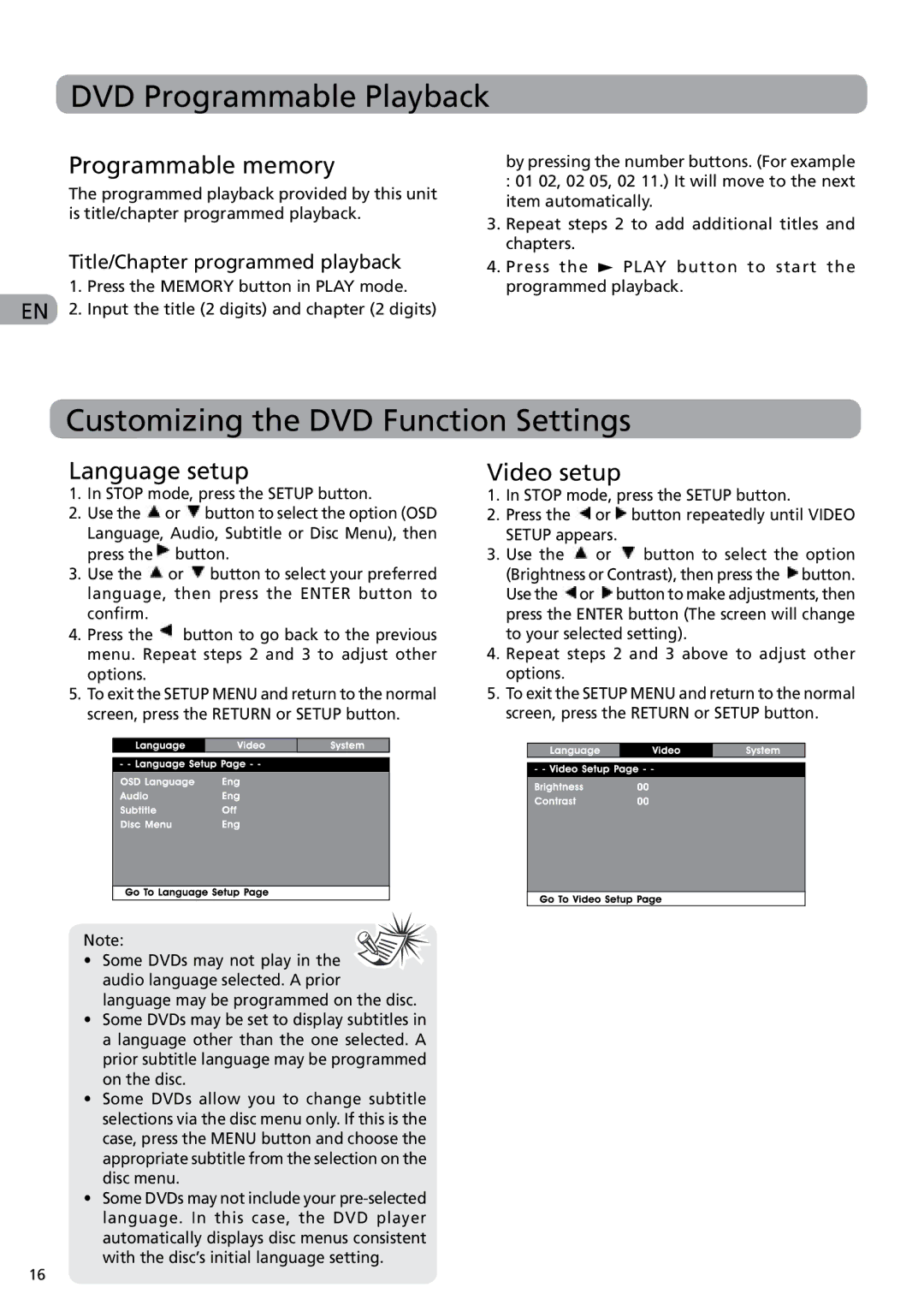 RCA DRC6282 DVD Programmable Playback, Customizing the DVD Function Settings, Programmable memory, Language setup 