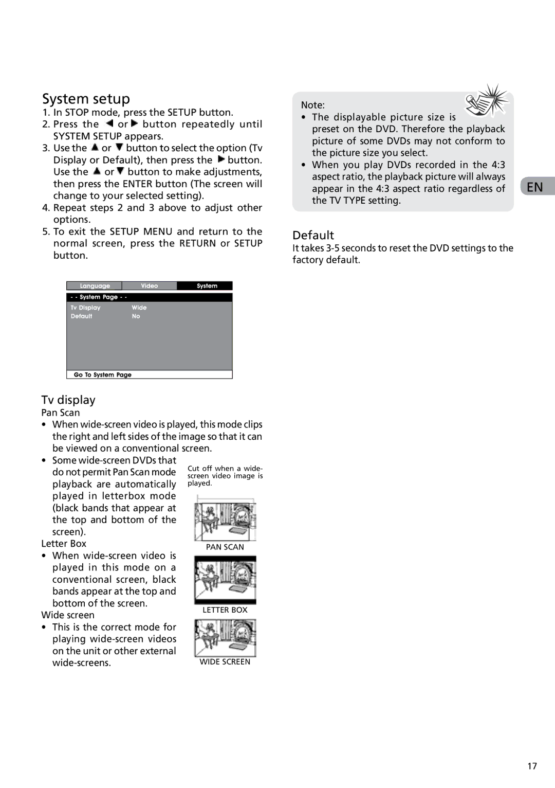 RCA DRC6282 user manual System setup, Tv display, Default 