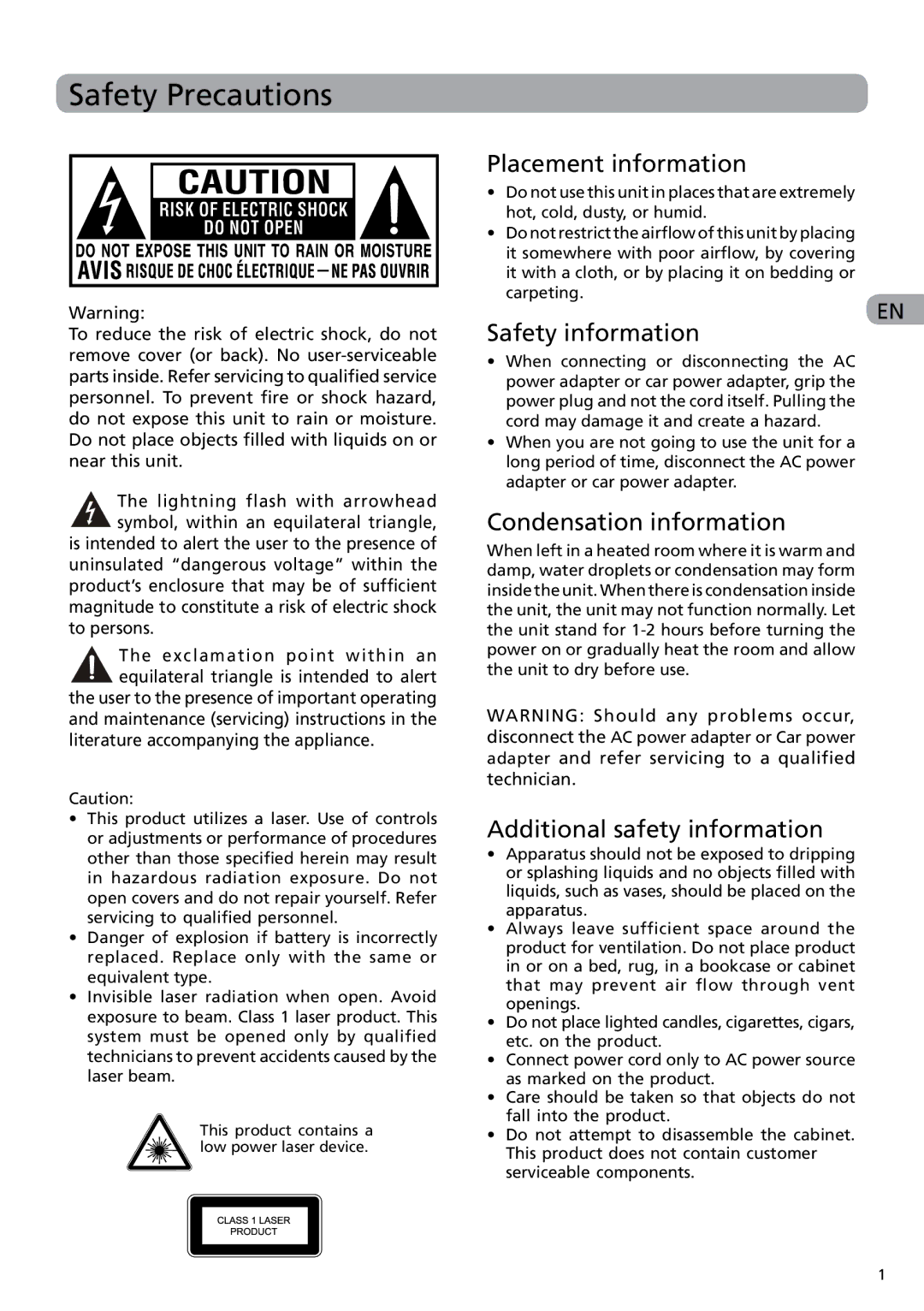 RCA DRC6282 user manual Safety Precautions, Placement information, Safety information, Condensation information 