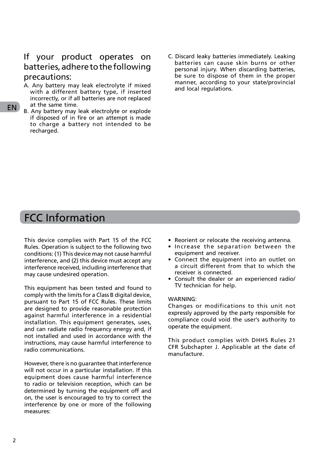 RCA DRC6282 user manual FCC Information, If your product operates on, Batteries, adhere to the following, Precautions 