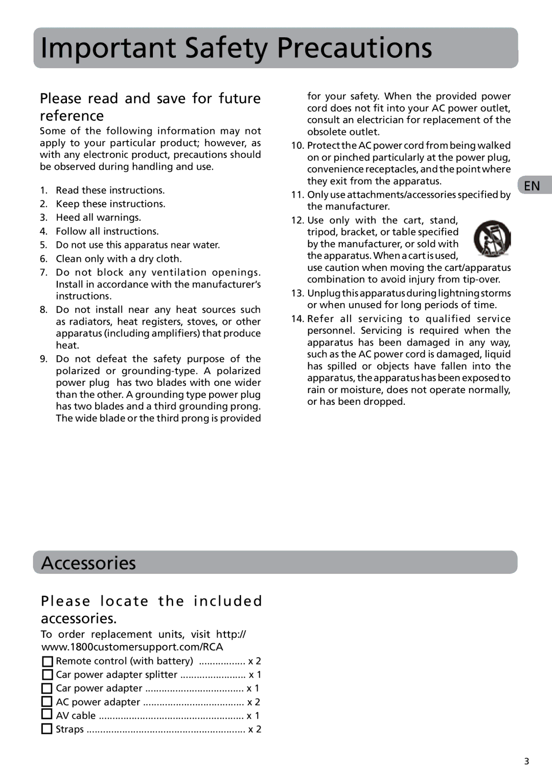 RCA DRC6282 user manual Accessories, Please read and save for future reference, Please locate the included accessories 