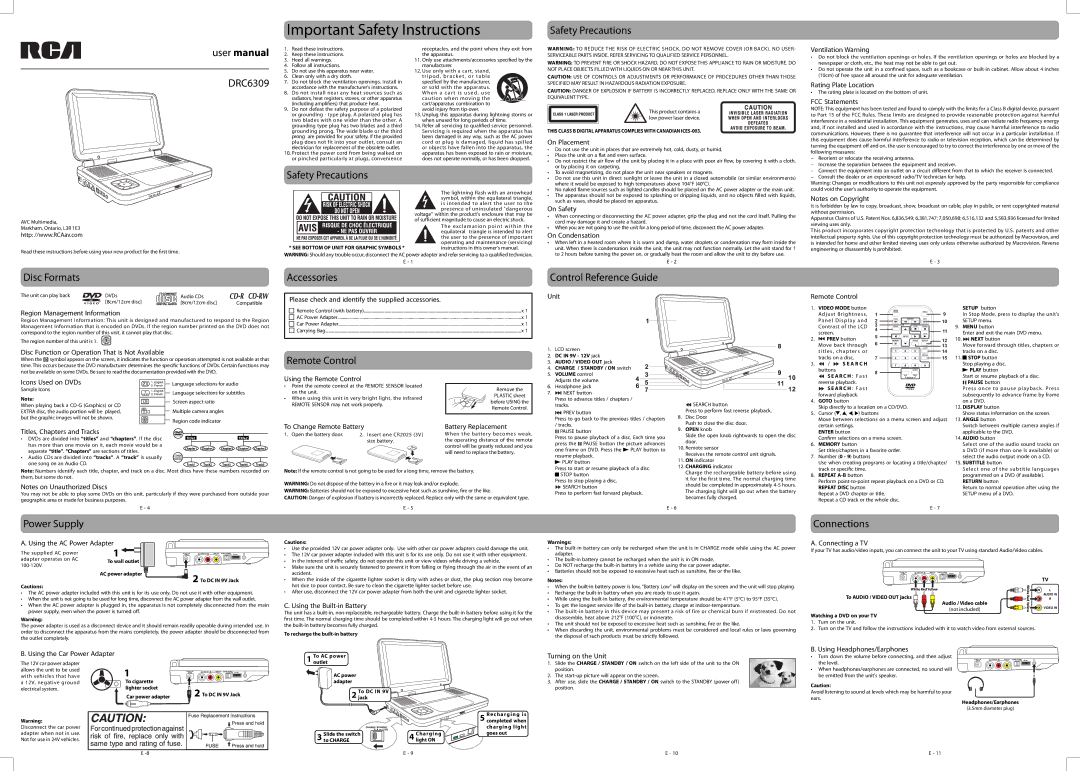 RCA user manual Safety Precautions DRC6309, Accessories, Control Reference Guide, Remote Control, Power Supply 