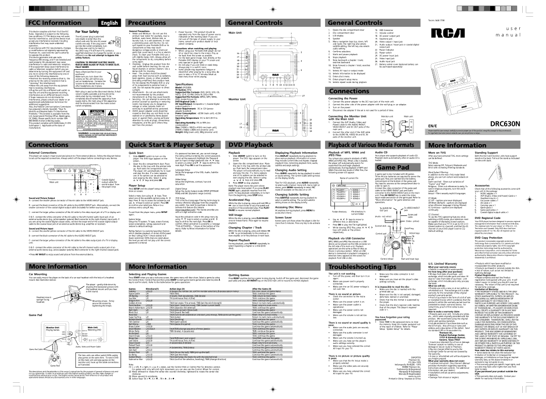 RCA DRC630N quick start Specifications, Main Unit, Connecting the Power, Connecting the Monitor Unit, Player Setup 