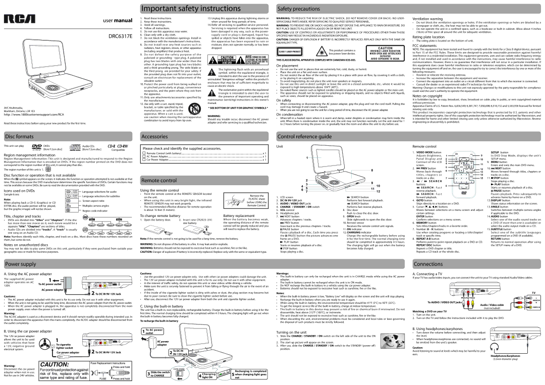 RCA drc6317E user manual Safety precautions DRC6317E, Disc formats, Accessories, Remote control, Control reference guide 