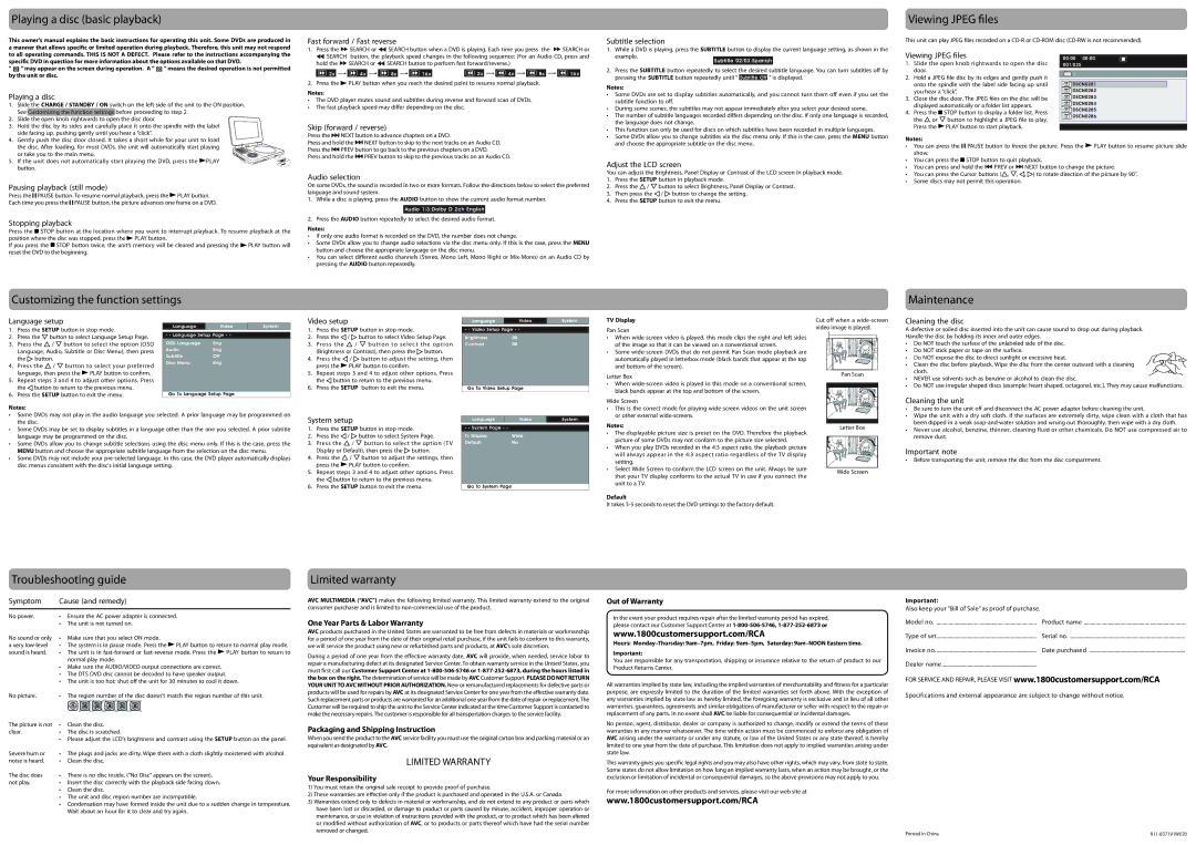 RCA DRC6327E user manual Playing a disc basic playback, Viewing Jpeg files, Customizing the function settings, Maintenance 