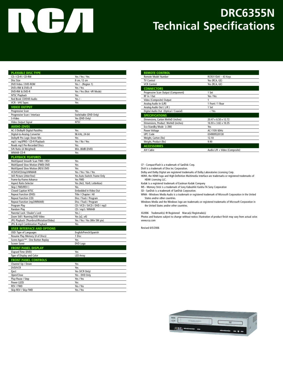 RCA DRC6355N Playable Disc Type, Video Output, Audio DVD, Playback Features, User Interface and Options, Remote Control 