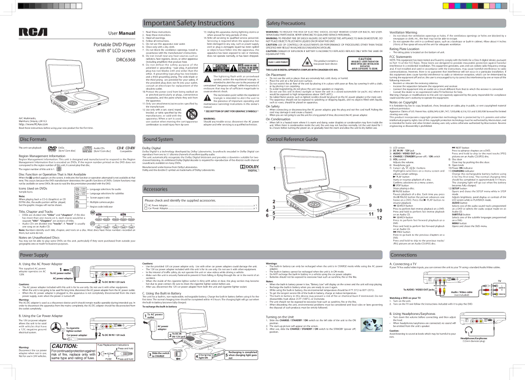 RCA DRC6368 important safety instructions Safety Precautions, Disc Formats, Sound System, Accessories, Power Supply 