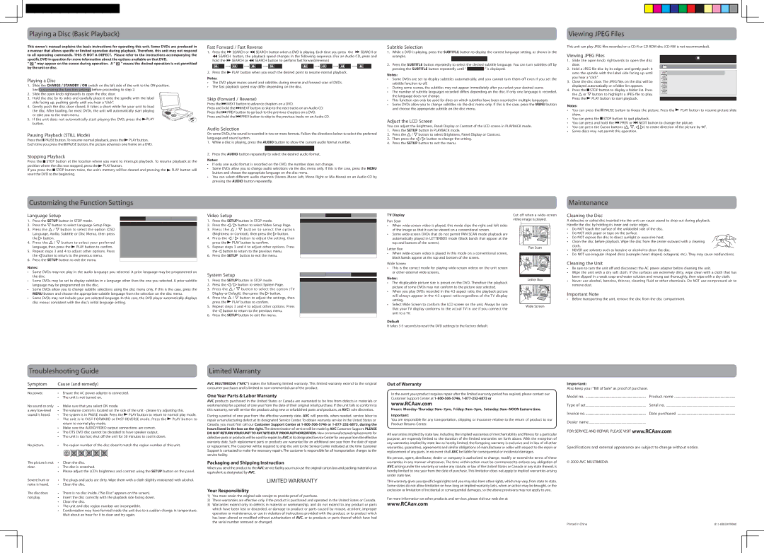 RCA DRC6368 Playing a Disc Basic Playback, Viewing Jpeg Files, Customizing the Function Settings Maintenance 