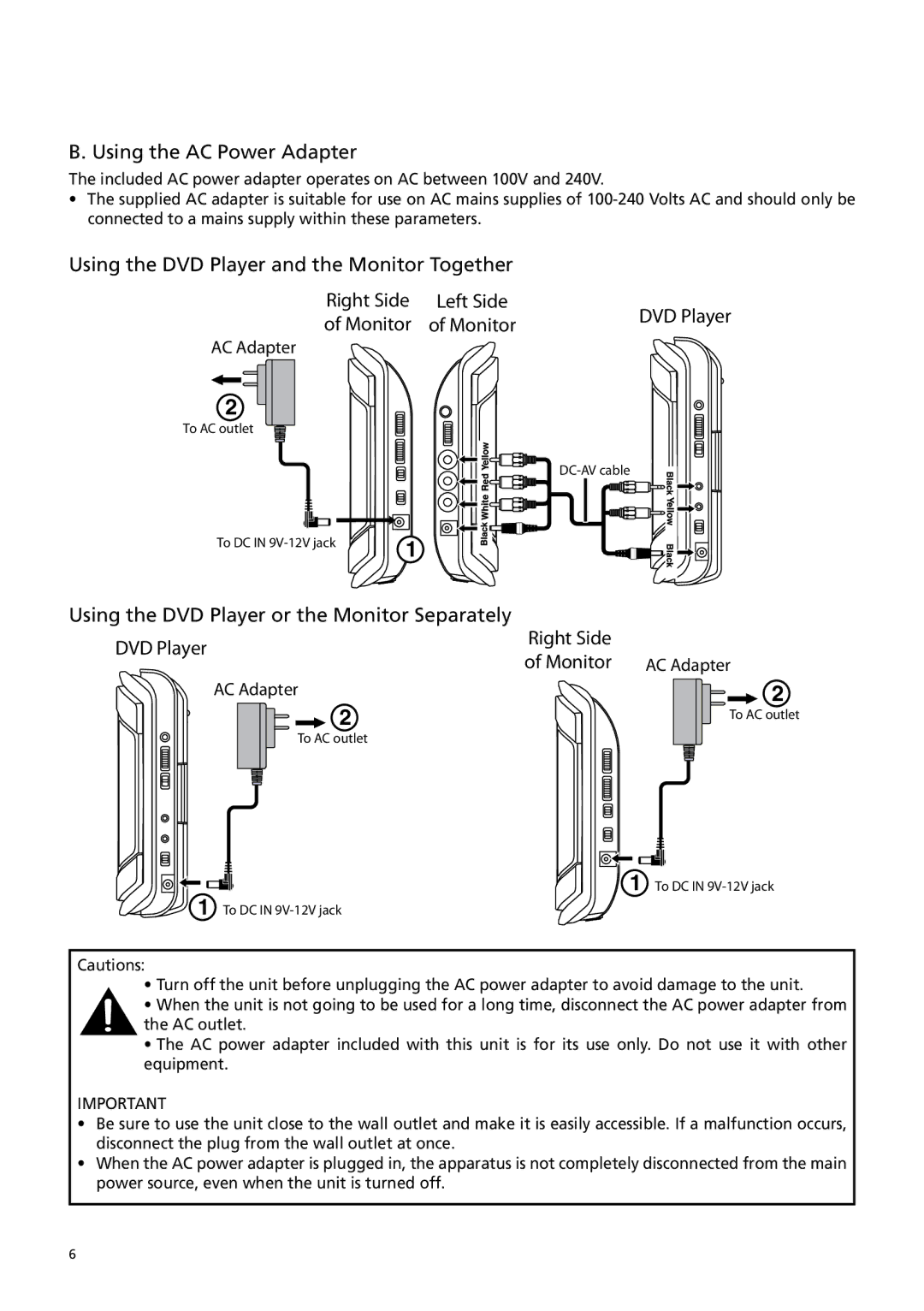 RCA DRC6379T user manual Using the AC Power Adapter, Using the DVD Player and the Monitor Together Right Side 